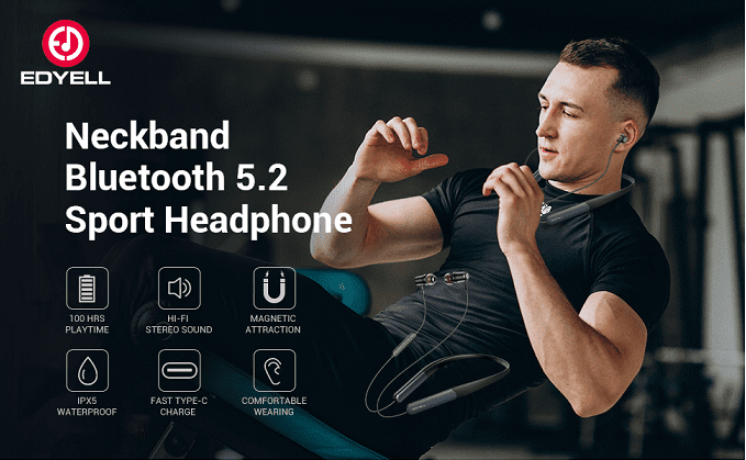 a man wearing EDYELL C6 Bluetooth Neckband earphones and text with white colour shows the features of EDYELL C6 Bluetooth Neckband earphones
