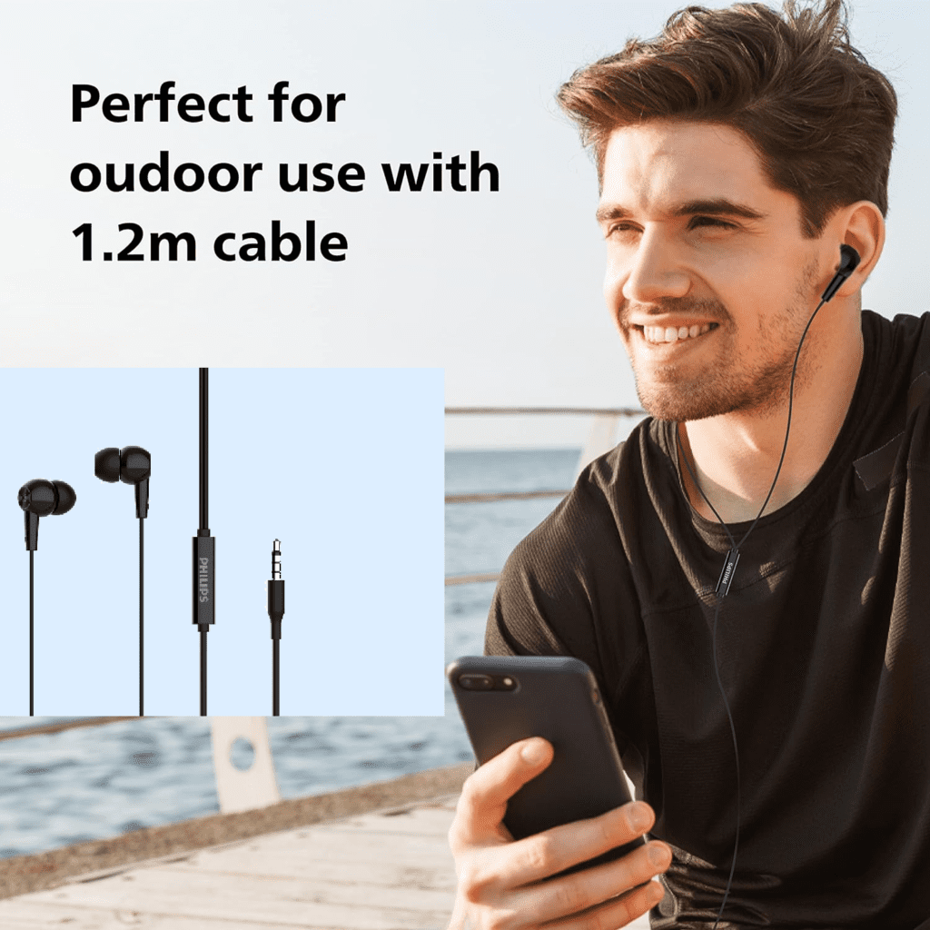 Philips Audio TAE1107BK Wired in-Ear Earphones with Built in Mic, Ergonomic Comfort-Fit | 10mm Drivers, 1.2m Durable Cable, Dynamic bass and Clear Sound (Black)